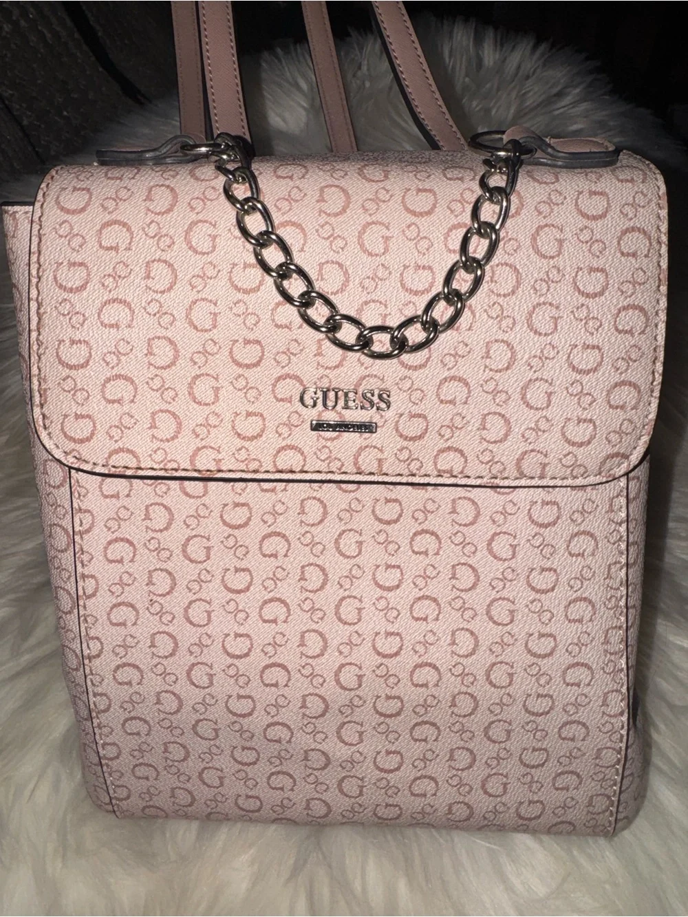 GUESS Blush Pink Signature Chain Detail Backpack